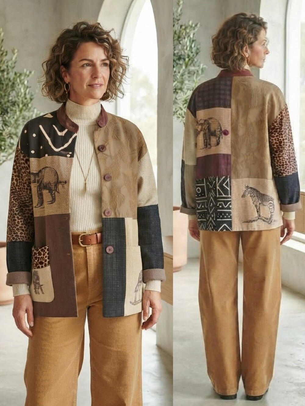 Max & Mabel L Safari Patchwork Tapestry Corduroy Jacket Eclectic Teachercore Art